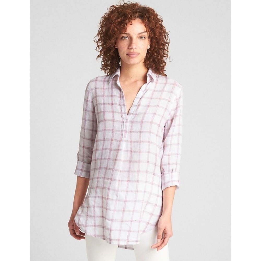 Gap Womens Boyfriend Popover Linen Tunic‎ Pink Windowpane Size Medium
